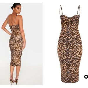 Leopard Print Strappy Cup Detail Midi Dress